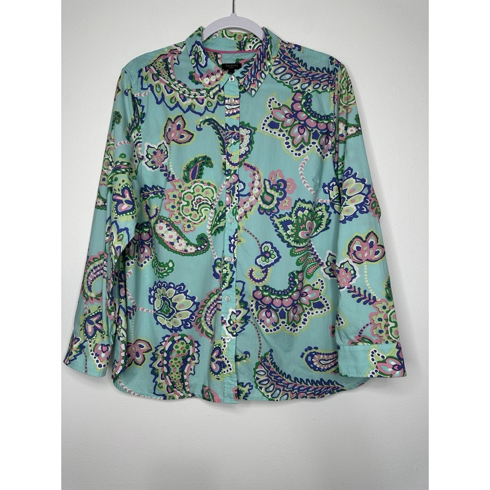 Talbots Button Up Shirt Size PXL Aqua Blue Paisley Floral Office Classic
